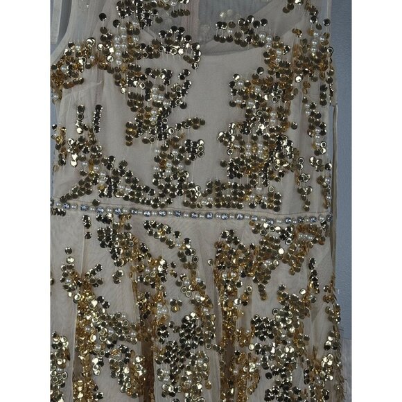 NWT Mac Duggal 10953 Jewel Neckline Embellished Maxi Dress Nude Gold Size 6 - Picture 6 of 9